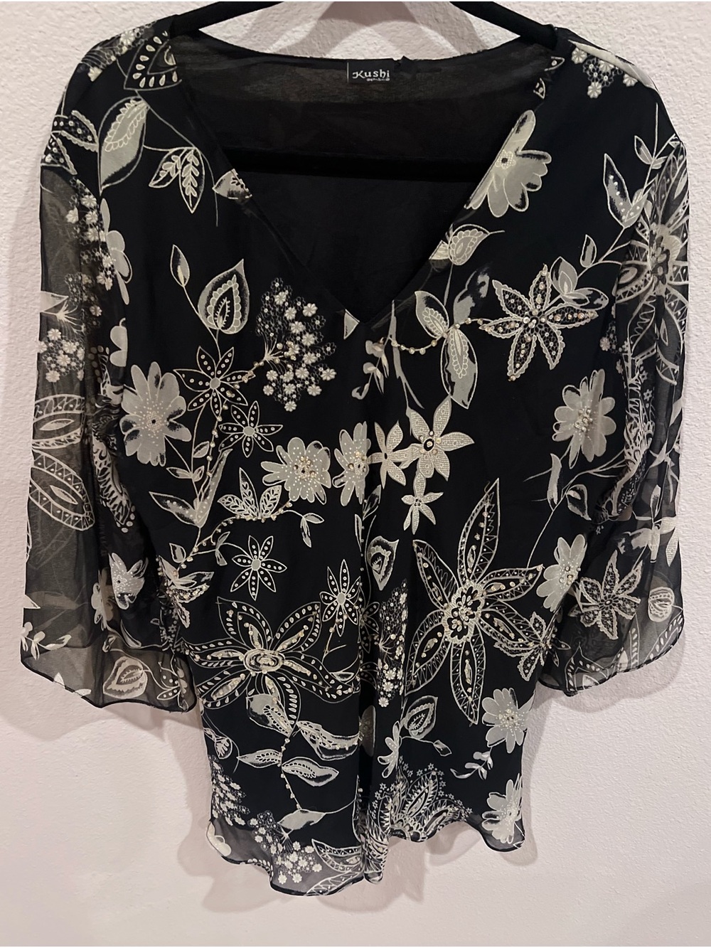 Black Floral Sheer V-Neck Blouse